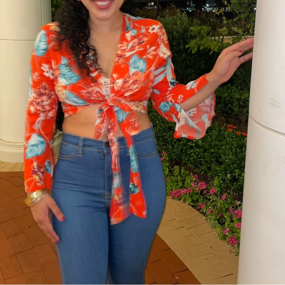 Fashion Nova Orange Bell Sleeve Tie Front Crop Blouse